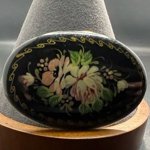 Vintage Russian Hand Painted Lacquered Wood Brooch Artist Signed Floral Scroll
